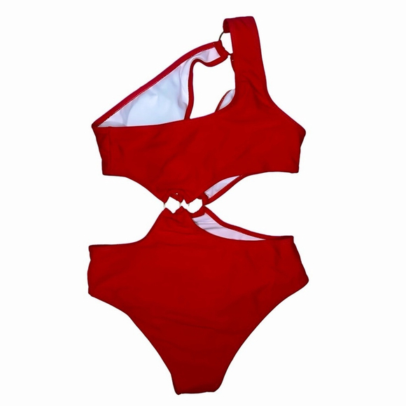 SHEIN Women’s One Shoulder Cut-Out Swimsuit – O-Ring Accents, Red, Size Small - Picture 5 of 7